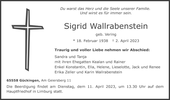 Traueranzeige von Sigrid Wallrabenstein von Rhein-Lahn-Zeitung