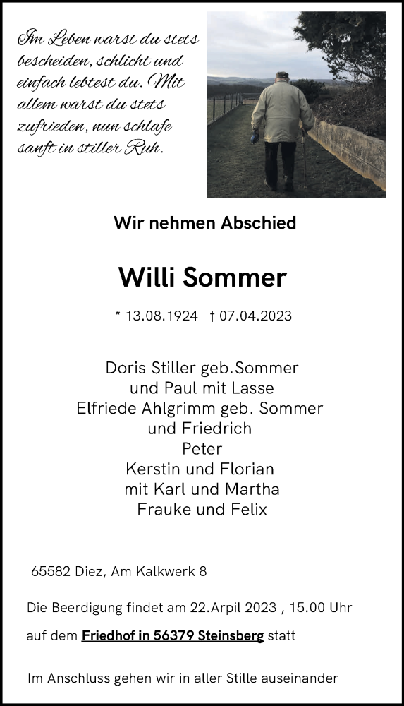 Traueranzeigen Von Willi Sommer Rz Trauerde