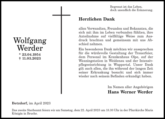 Traueranzeige von Wolfgang Werder von Rhein-Zeitung