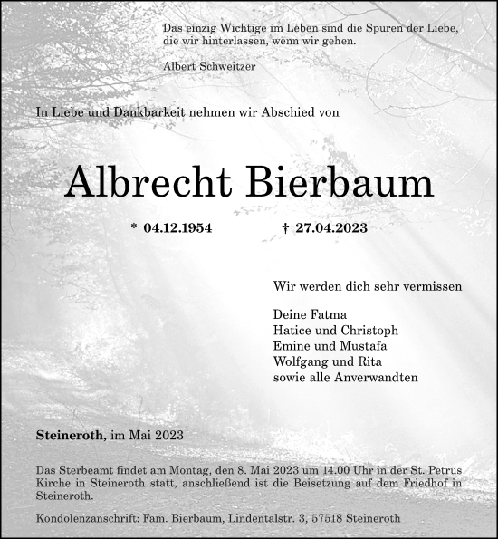 Traueranzeigen von Albrecht Bierbaum | rz-trauer.de
