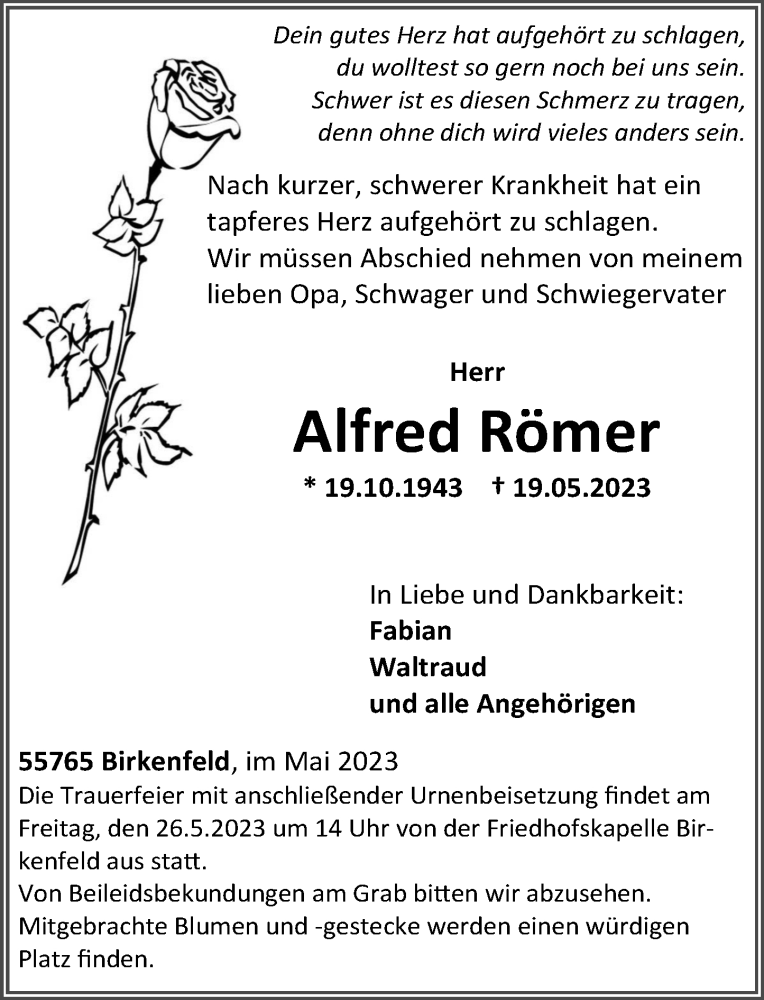  Traueranzeige für Alfred Römer vom 23.05.2023 aus Nahe-Zeitung