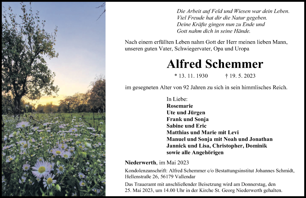  Traueranzeige für Alfred Schemmer vom 22.05.2023 aus Rhein-Zeitung