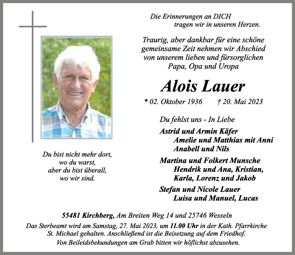  Traueranzeige für Alois Lauer vom 24.05.2023 aus Rhein-Hunsrück-Zeitung