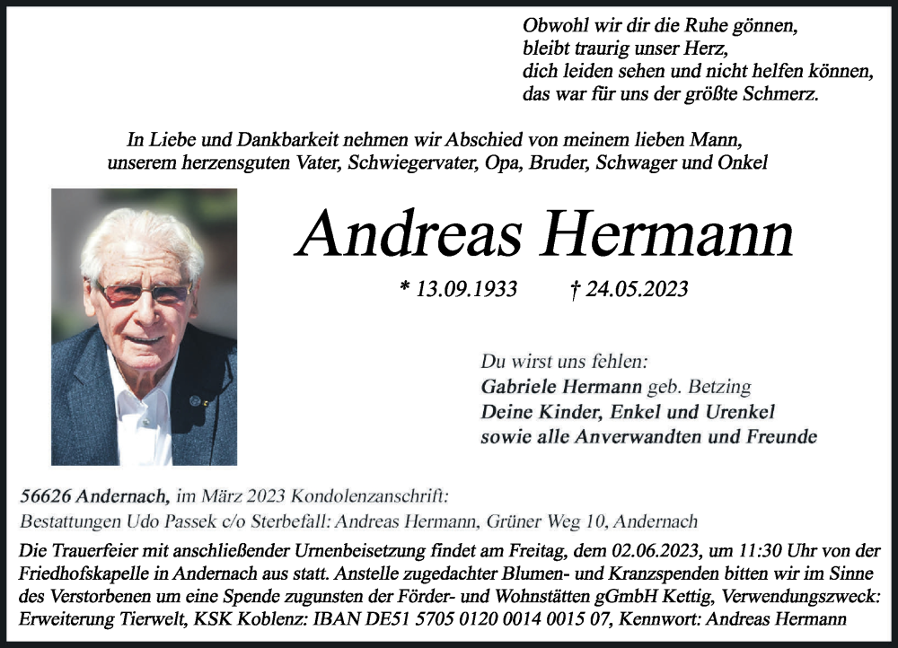  Traueranzeige für Andreas Hermann vom 27.05.2023 aus Rhein-Zeitung