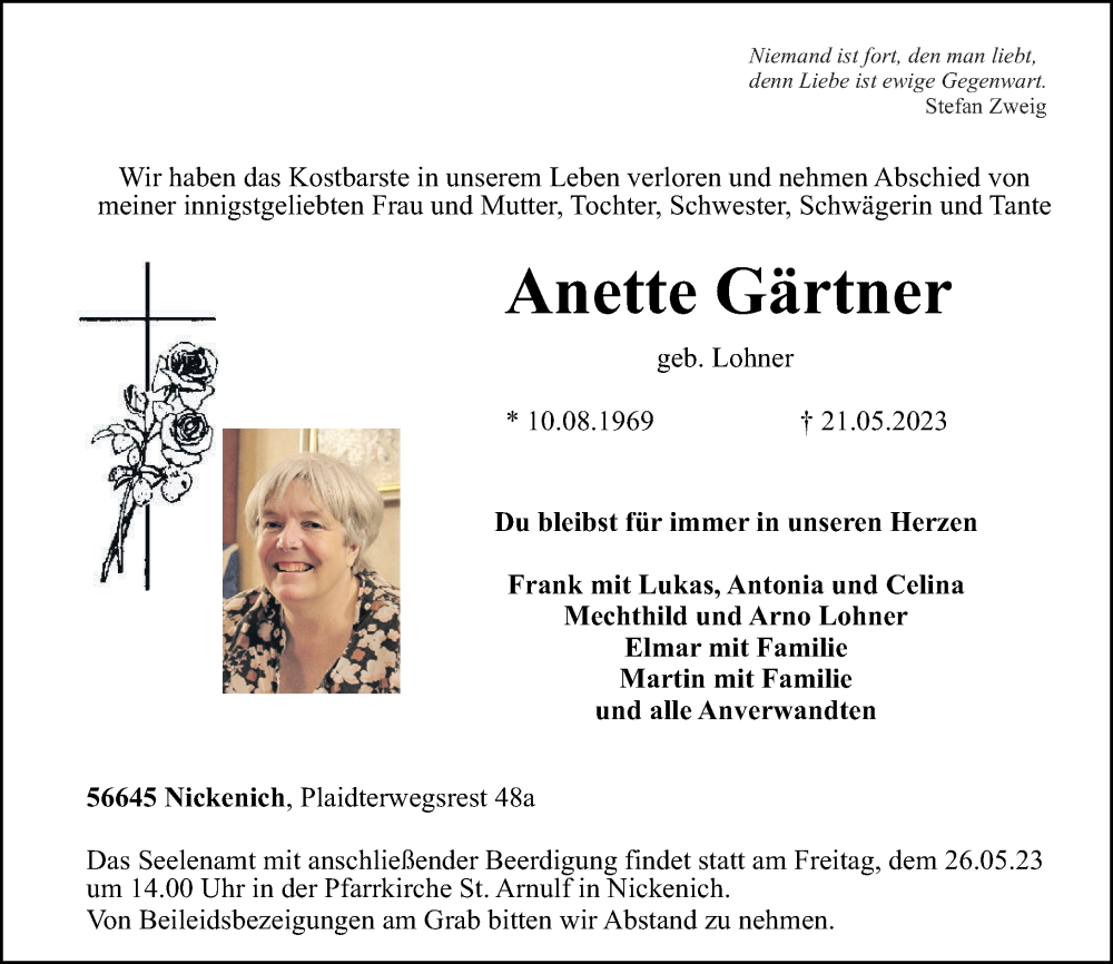  Traueranzeige für Anette Gärtner vom 24.05.2023 aus Rhein-Zeitung