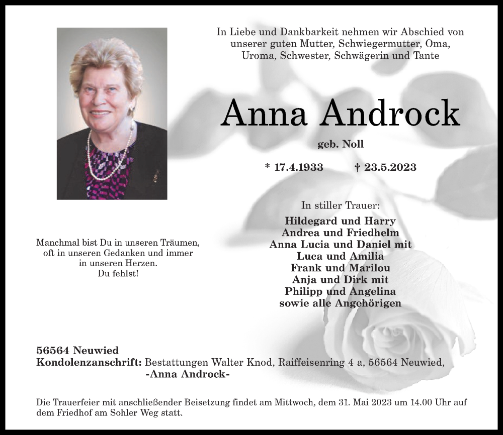  Traueranzeige für Anna Androck vom 27.05.2023 aus Rhein-Zeitung