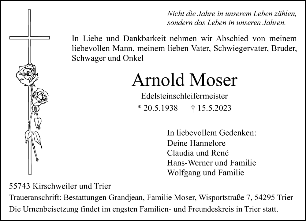  Traueranzeige für Arnold Moser vom 27.05.2023 aus Nahe-Zeitung