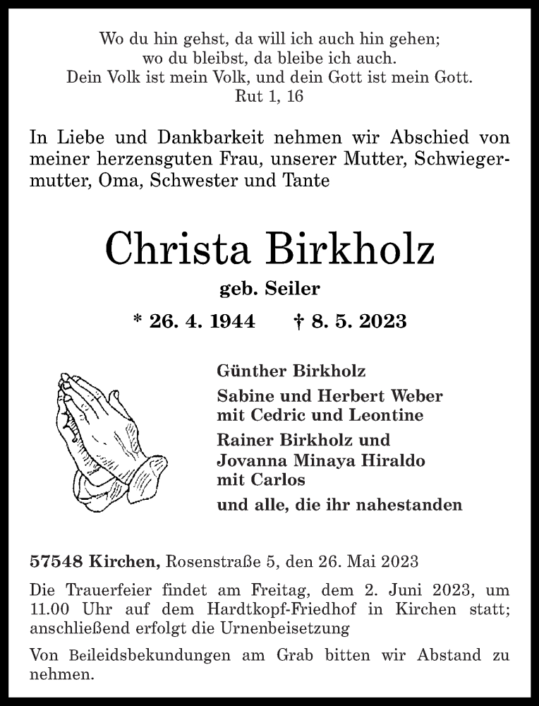  Traueranzeige für Christa Birkholz vom 26.05.2023 aus Rhein-Zeitung