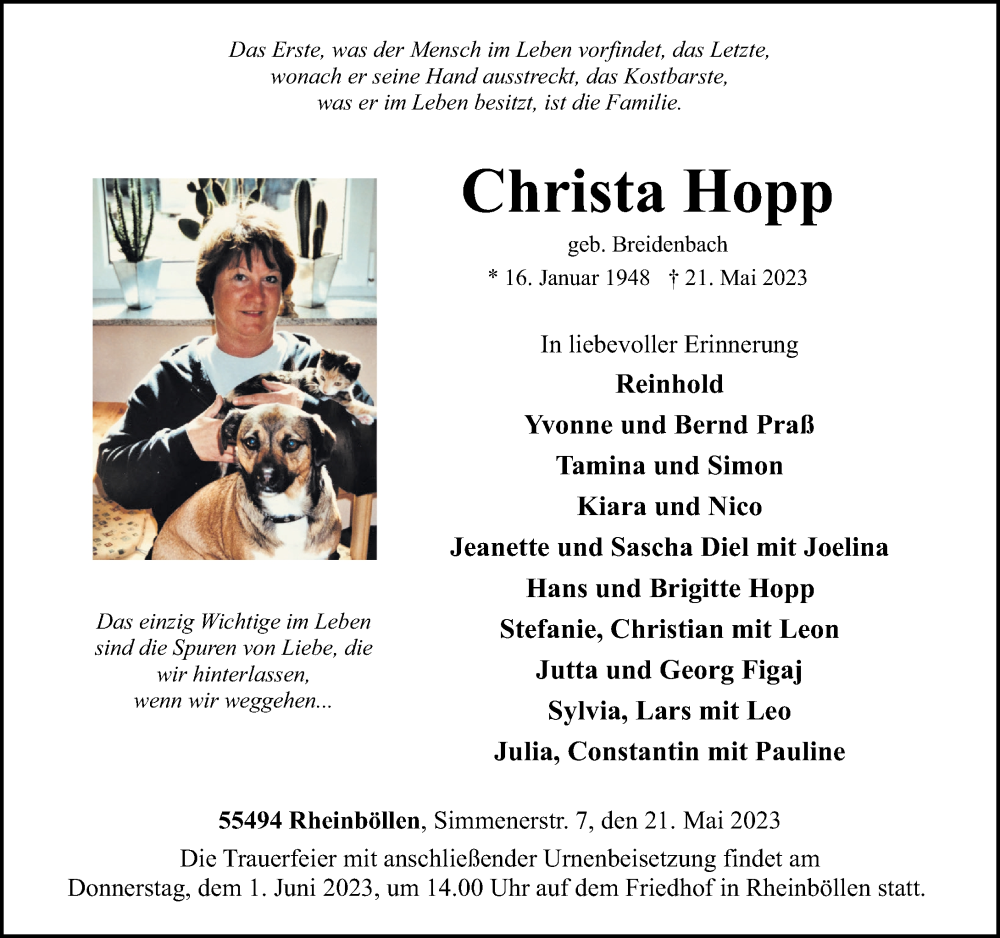  Traueranzeige für Christa Hopp vom 27.05.2023 aus Rhein-Hunsrück-Zeitung