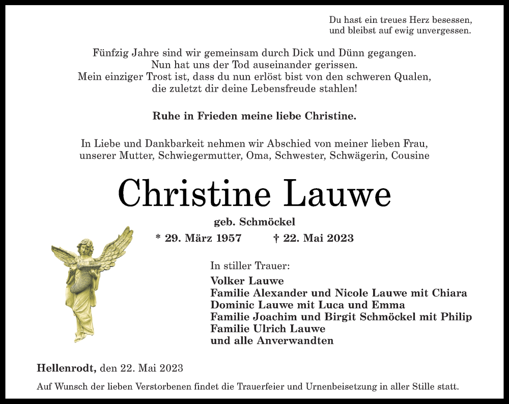  Traueranzeige für Christine Lauwe vom 27.05.2023 aus Nahe-Zeitung