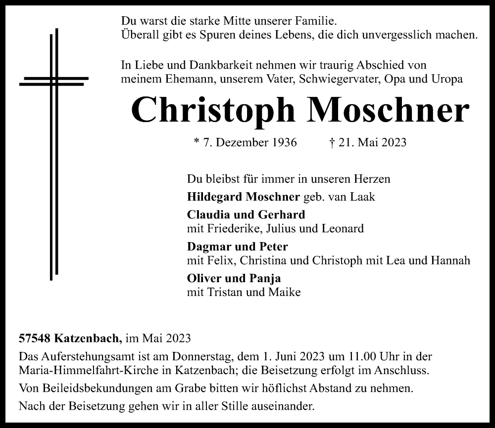  Traueranzeige für Christoph Moschner vom 25.05.2023 aus Rhein-Zeitung