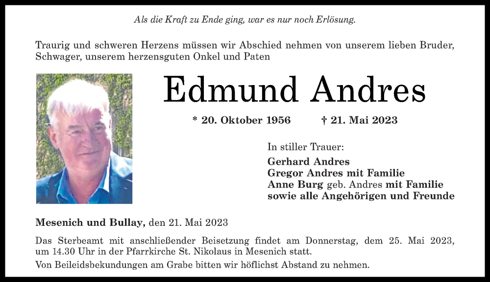  Traueranzeige für Edmund Andres vom 23.05.2023 aus Rhein-Zeitung