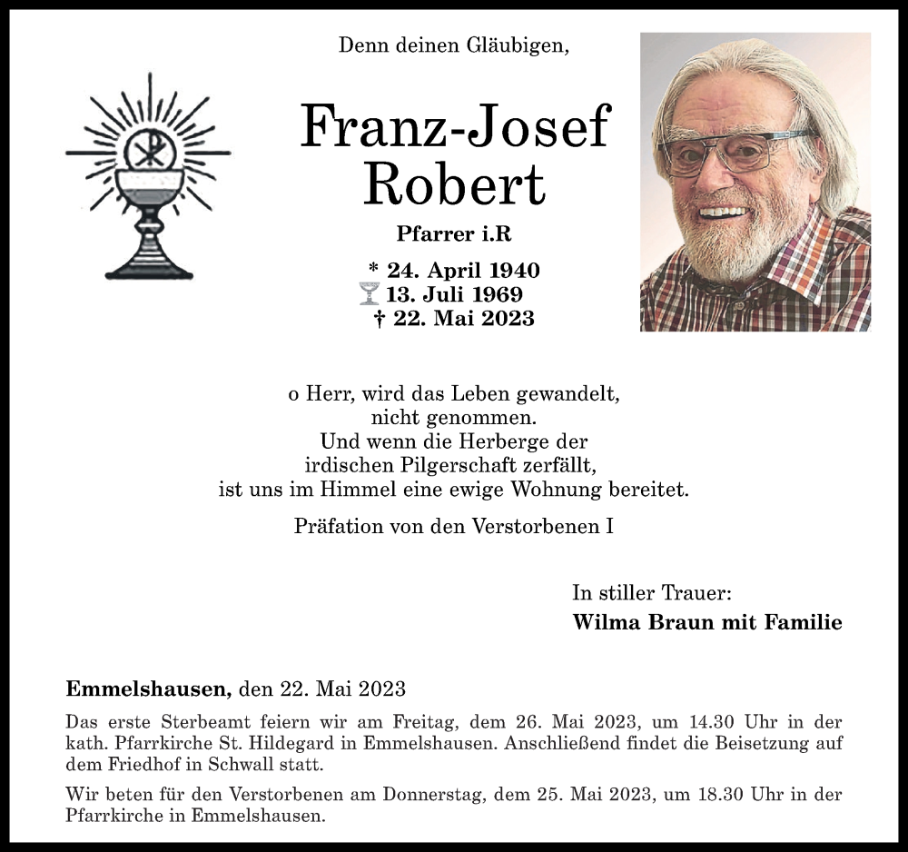  Traueranzeige für Franz-Josef Robert vom 24.05.2023 aus Rhein-Hunsrück-Zeitung