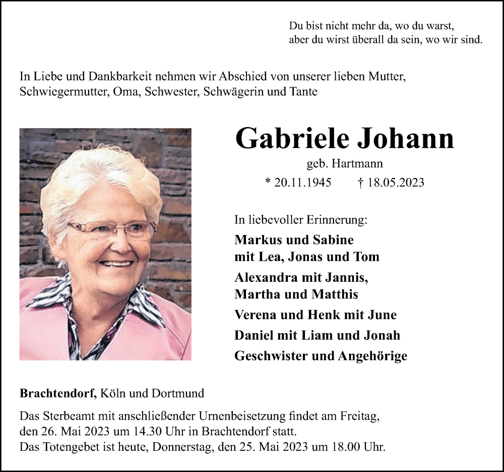  Traueranzeige für Gabriele Johann vom 25.05.2023 aus Rhein-Zeitung