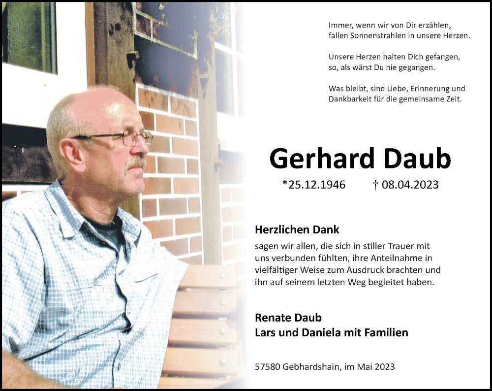  Traueranzeige für Gerhard Daub vom 26.05.2023 aus Westerwälder Zeitung, Rhein-Zeitung