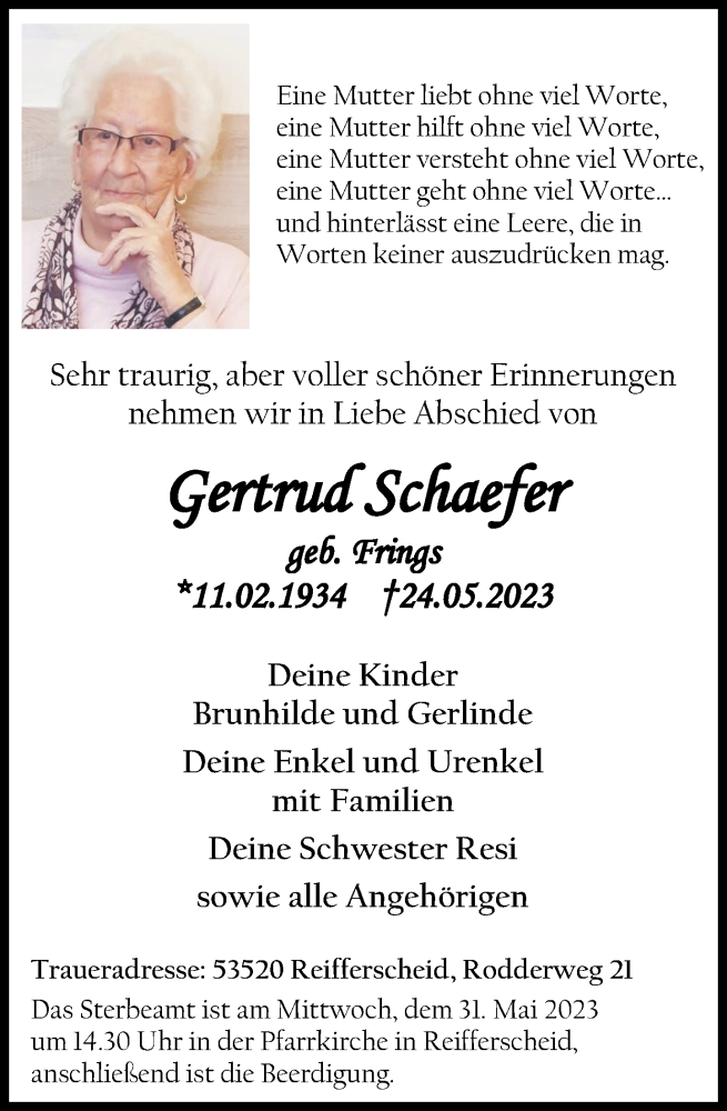  Traueranzeige für Gertrud Schaefer vom 27.05.2023 aus Rhein-Zeitung