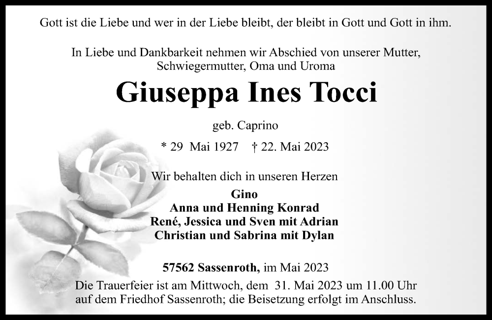  Traueranzeige für Giuseppa Ines Tocci vom 26.05.2023 aus Rhein-Zeitung