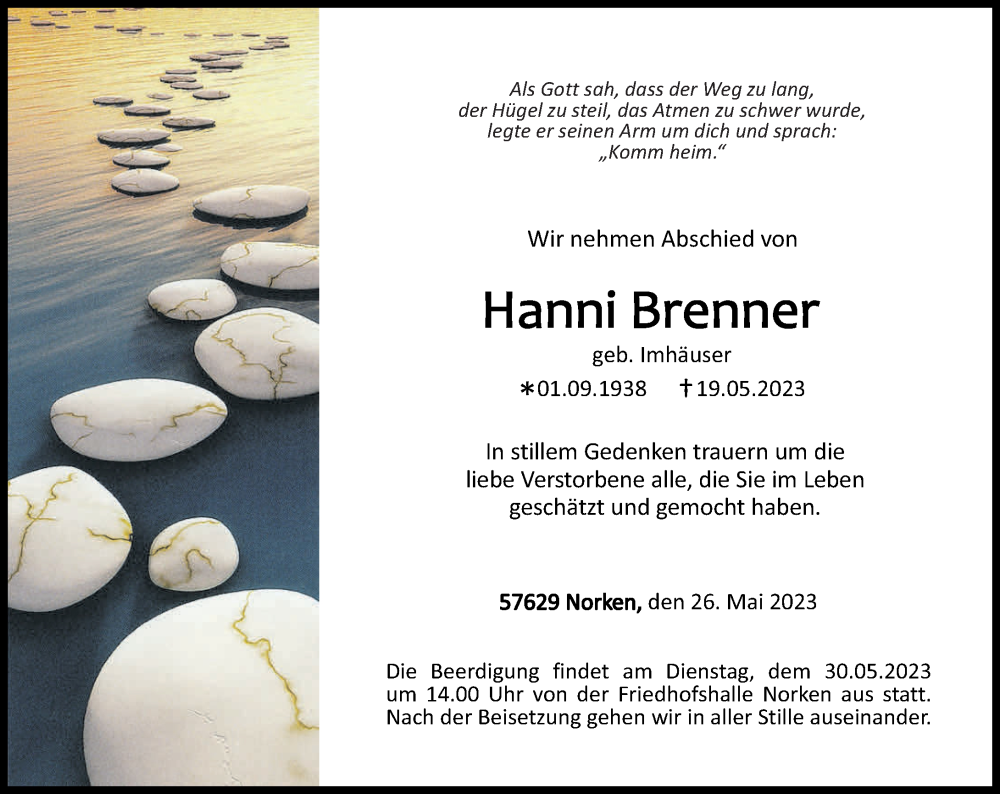  Traueranzeige für Hanni Brenner vom 26.05.2023 aus Westerwälder Zeitung