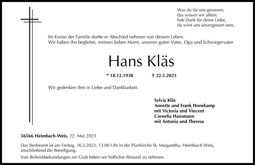  Traueranzeige für Hans Kläs vom 24.05.2023 aus Rhein-Zeitung