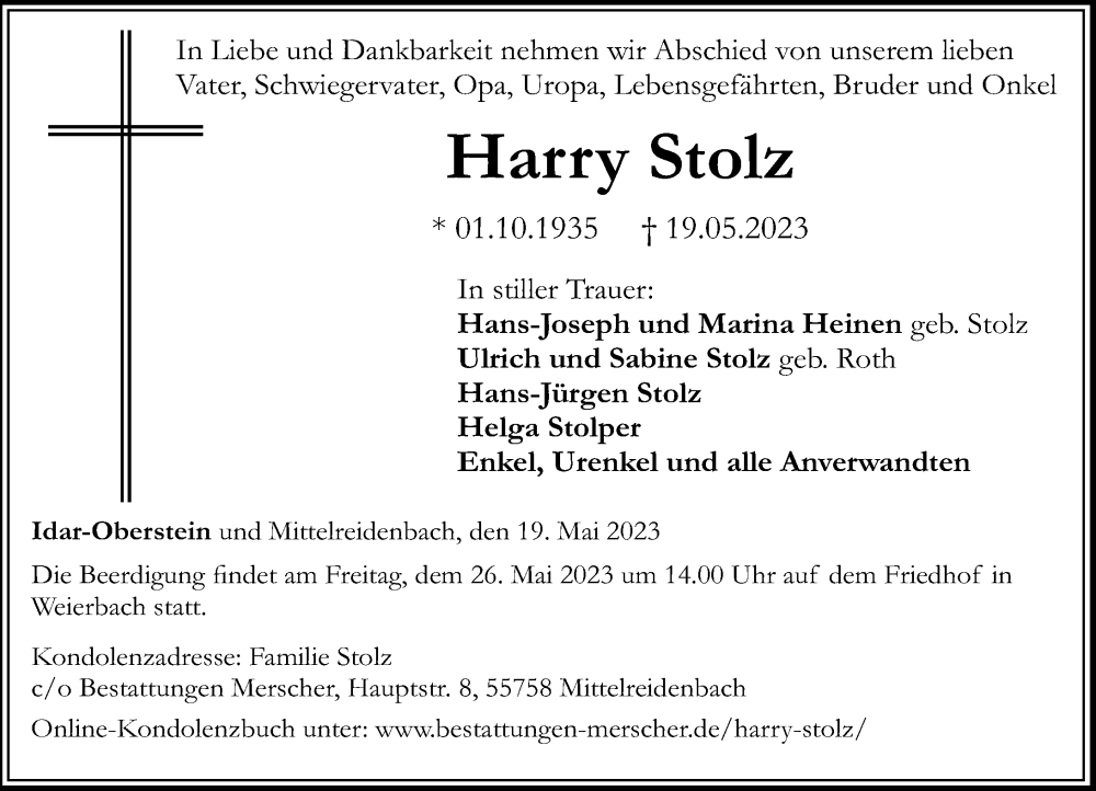  Traueranzeige für Harry Stolz vom 24.05.2023 aus Nahe-Zeitung