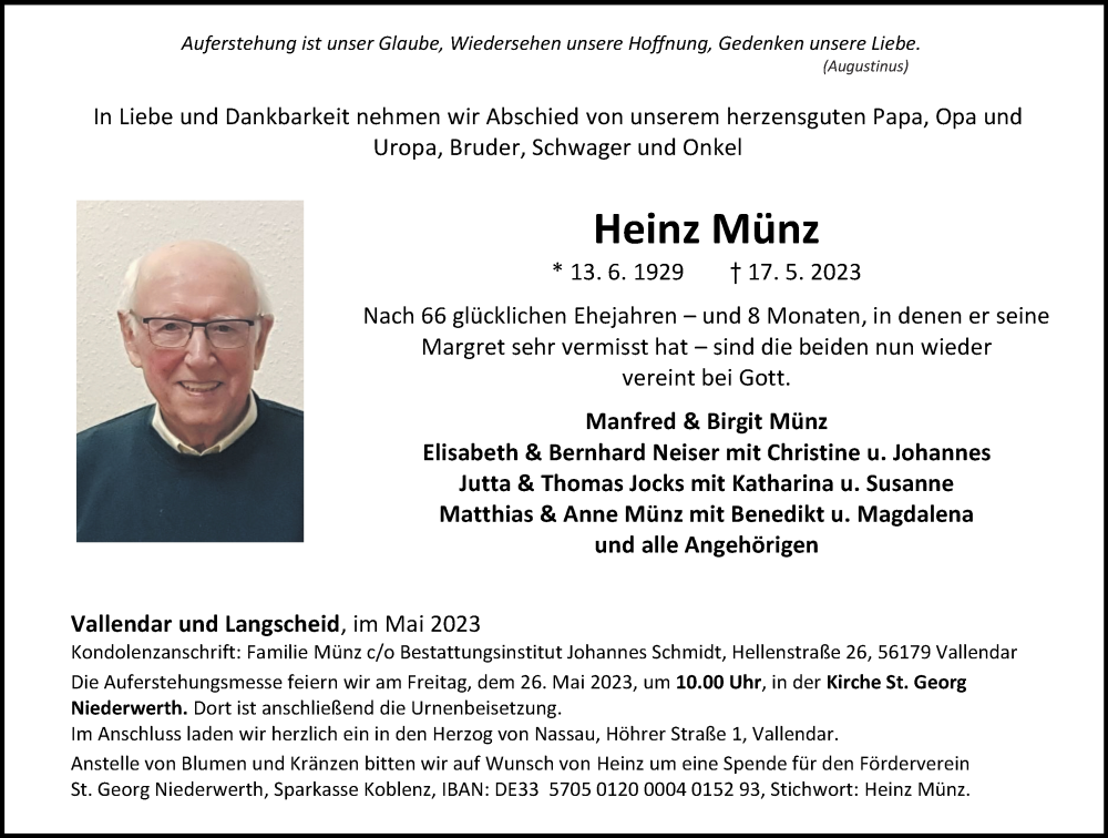  Traueranzeige für Heinz Münz vom 22.05.2023 aus Rhein-Zeitung