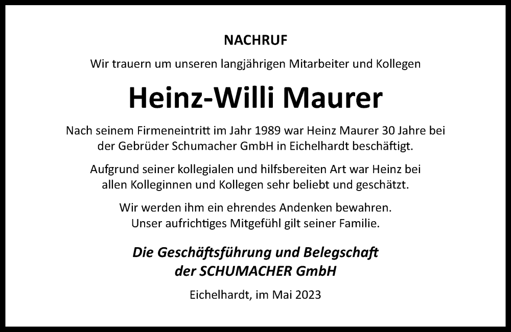  Traueranzeige für Heinz-Willi Maurer vom 27.05.2023 aus Rhein-Zeitung, Westerwälder Zeitung