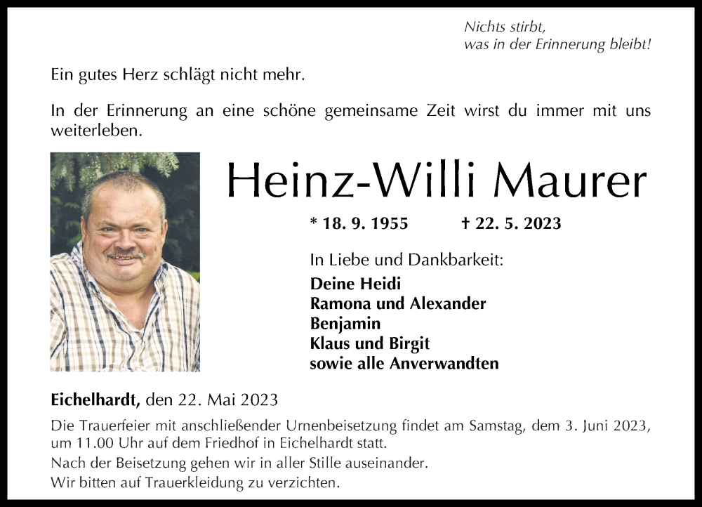  Traueranzeige für Heinz-Willi Maurer vom 27.05.2023 aus Westerwälder Zeitung, Rhein-Zeitung
