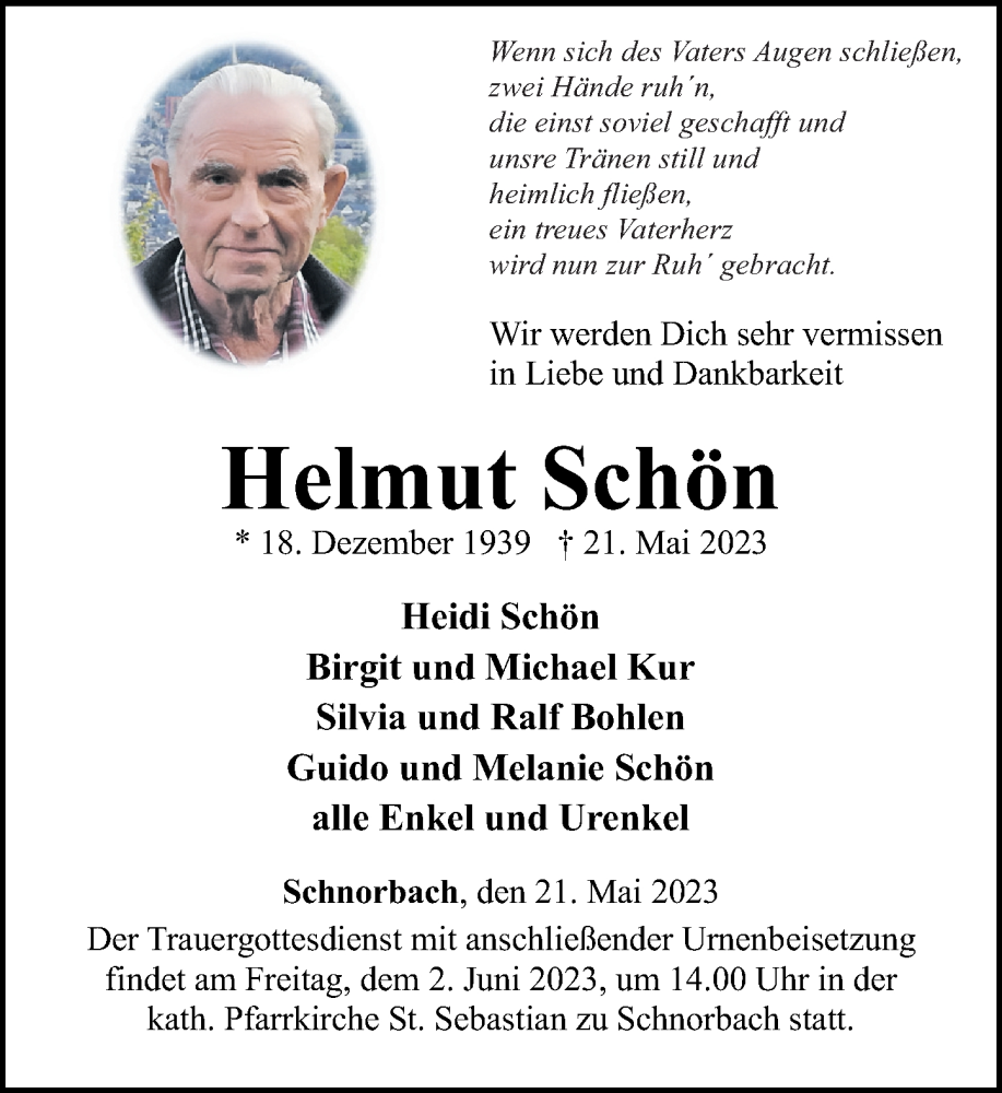  Traueranzeige für Helmut Schön vom 27.05.2023 aus Rhein-Hunsrück-Zeitung