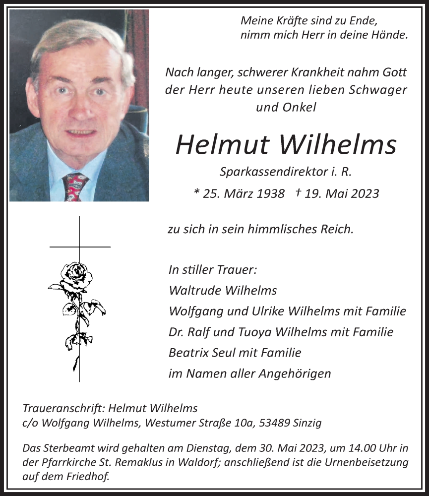  Traueranzeige für Helmut Wilhelms vom 27.05.2023 aus Rhein-Zeitung