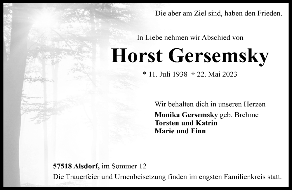  Traueranzeige für Horst Gersemsky vom 24.05.2023 aus Rhein-Zeitung