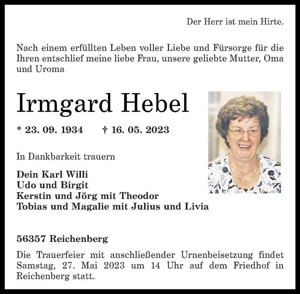  Traueranzeige für Irmgard Hebel vom 24.05.2023 aus Rhein-Lahn-Zeitung