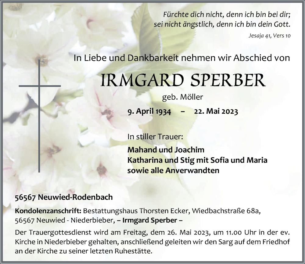  Traueranzeige für Irmgard Sperber vom 24.05.2023 aus Rhein-Zeitung