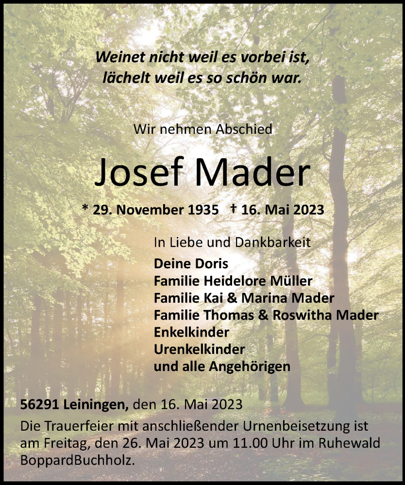  Traueranzeige für Josef Mader vom 20.05.2023 aus Rhein-Zeitung