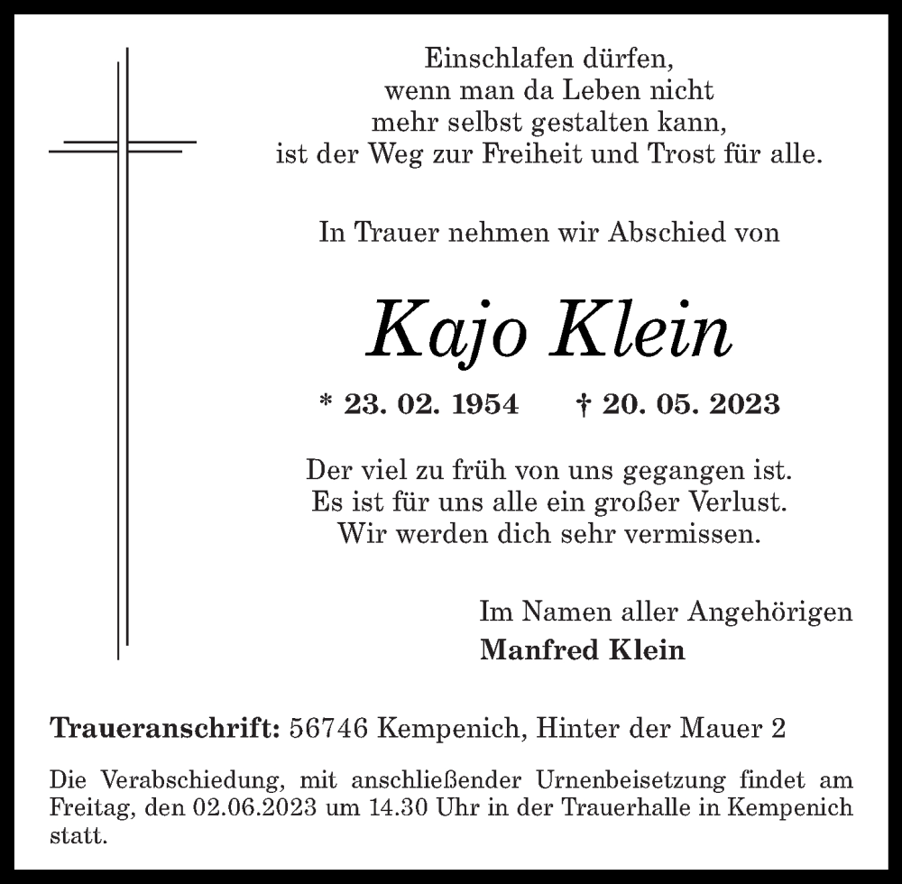  Traueranzeige für Kajo Klein vom 27.05.2023 aus Rhein-Zeitung