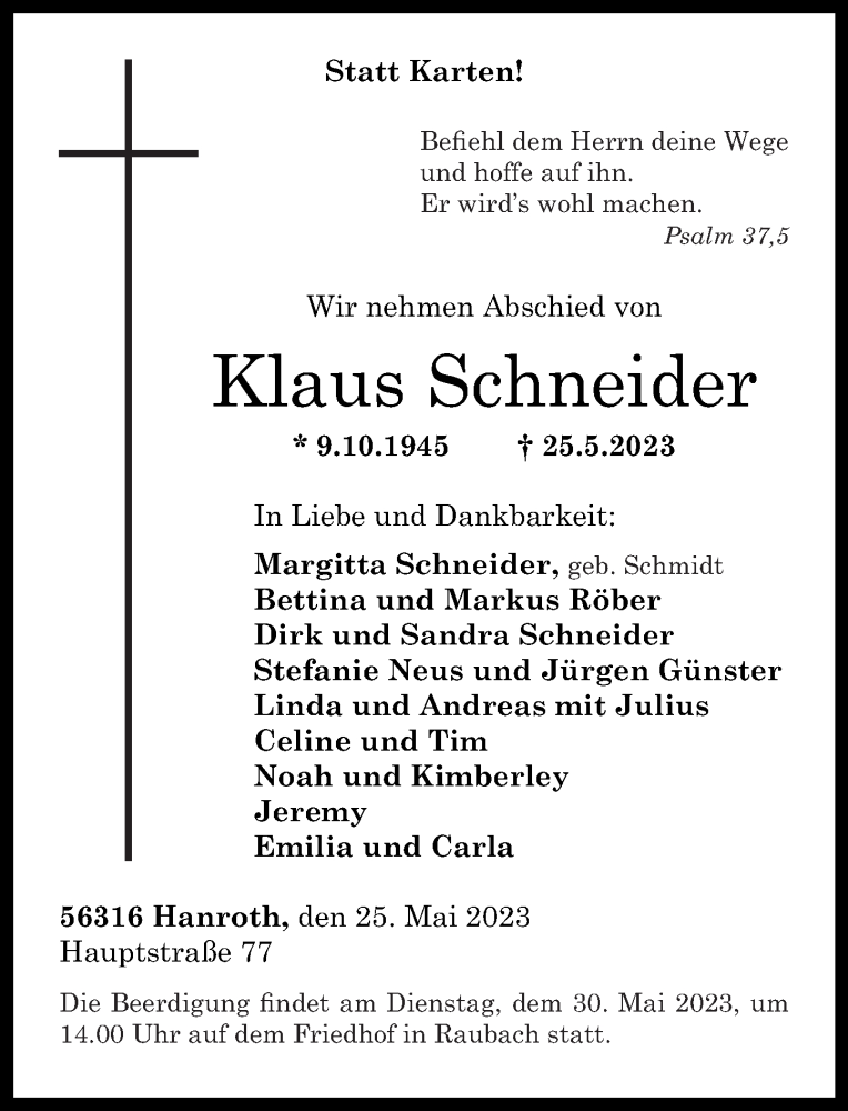  Traueranzeige für Klaus Schneider vom 30.05.2023 aus Rhein-Zeitung