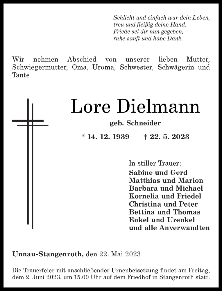  Traueranzeige für Lore Dielmann vom 27.05.2023 aus Westerwälder Zeitung