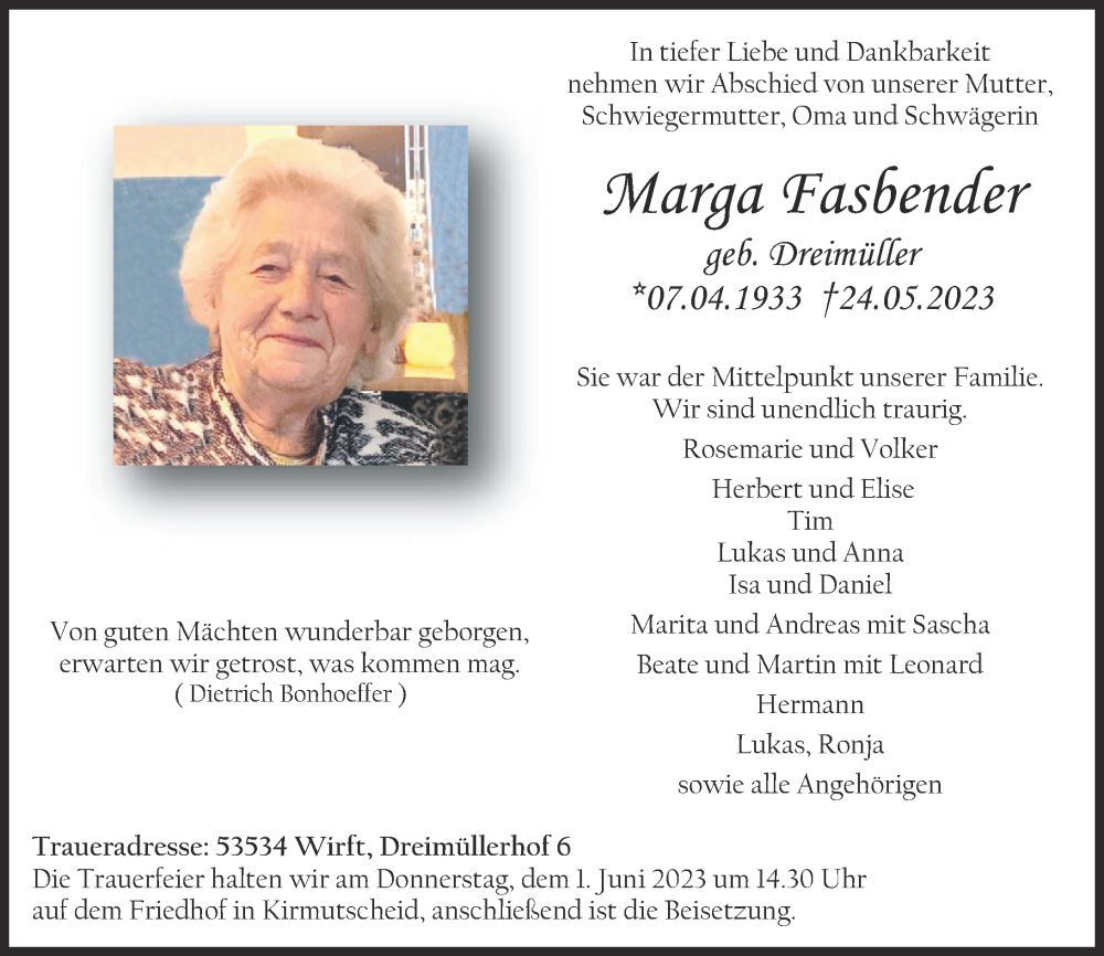  Traueranzeige für Marga Fasbender vom 27.05.2023 aus Rhein-Zeitung