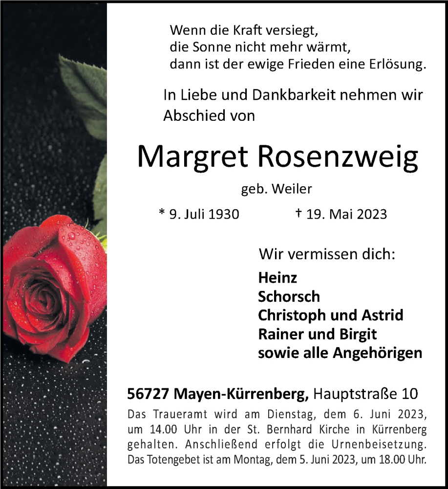  Traueranzeige für Margret Rosenzweig vom 27.05.2023 aus Rhein-Zeitung