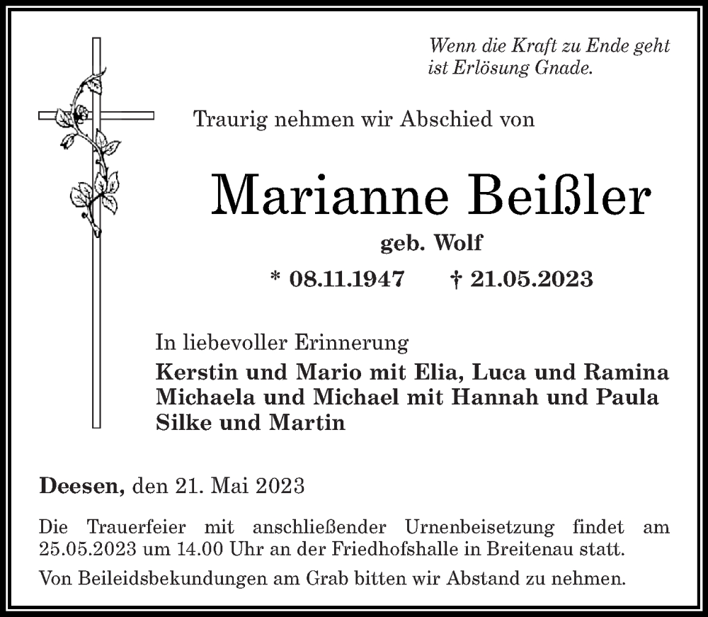  Traueranzeige für Marianne Beißler vom 23.05.2023 aus Westerwälder Zeitung