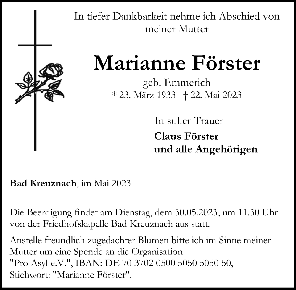  Traueranzeige für Marianne Förster vom 25.05.2023 aus Oeffentlicher Anzeiger