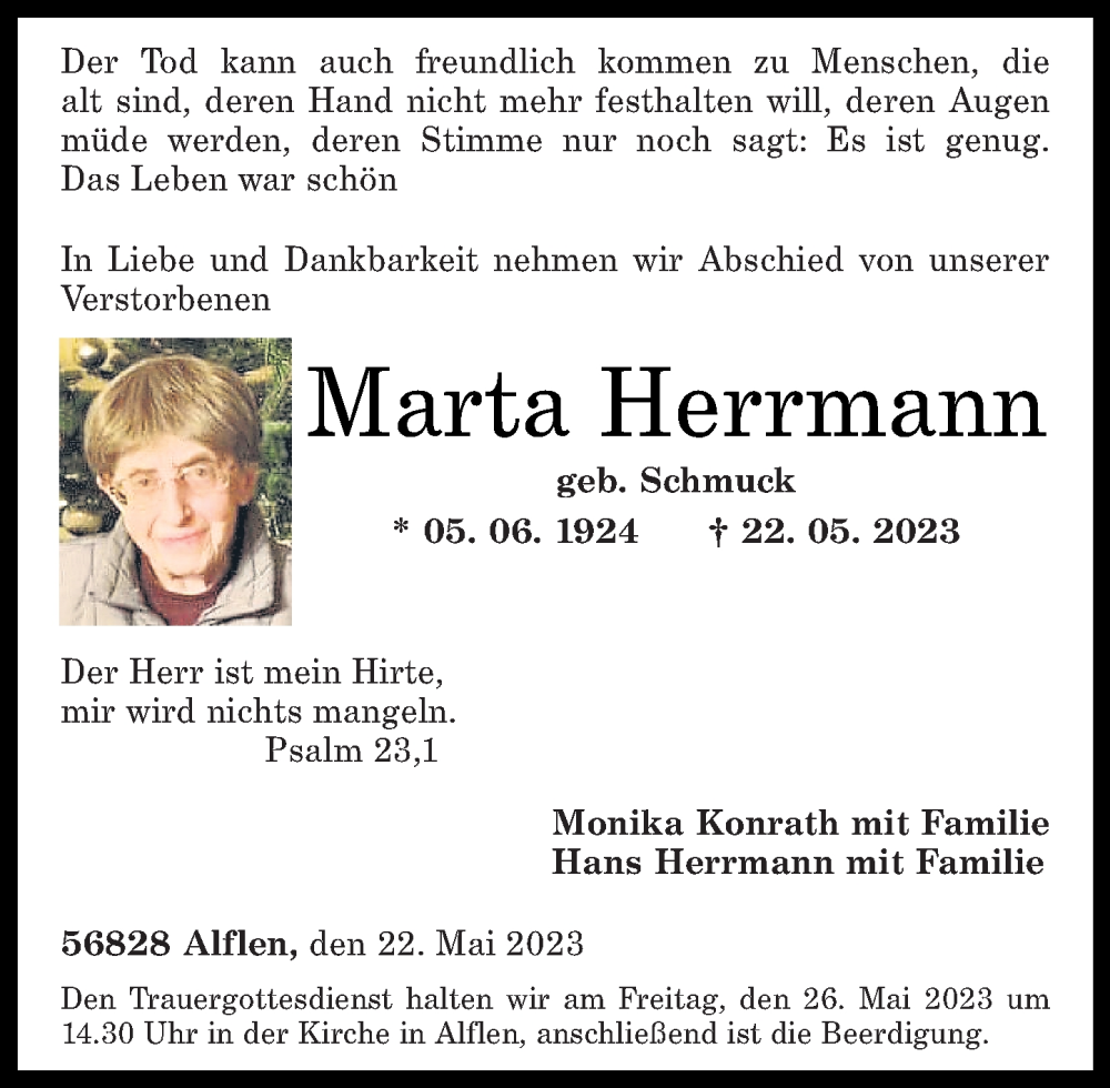  Traueranzeige für Marta Herrmann vom 24.05.2023 aus Rhein-Zeitung