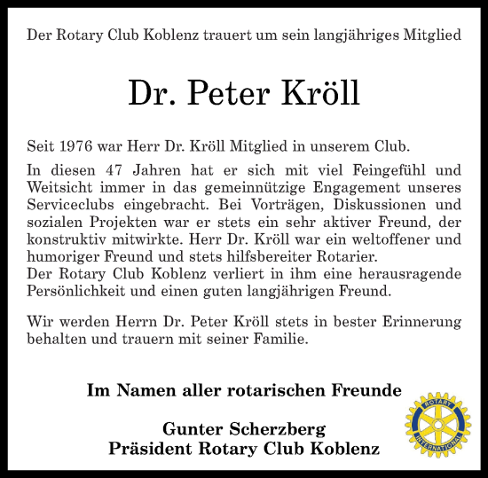 Traueranzeige von Peter Kröll von Rhein-Zeitung