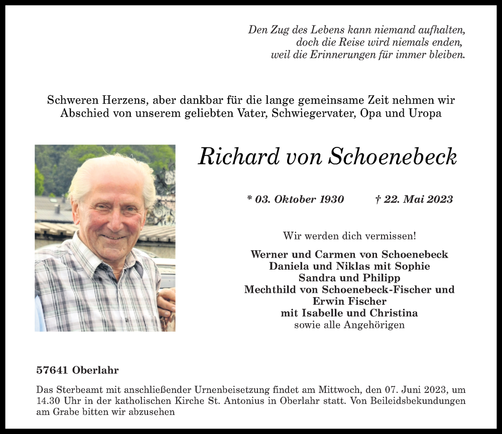  Traueranzeige für Richard von Schoenebeck vom 27.05.2023 aus Rhein-Zeitung