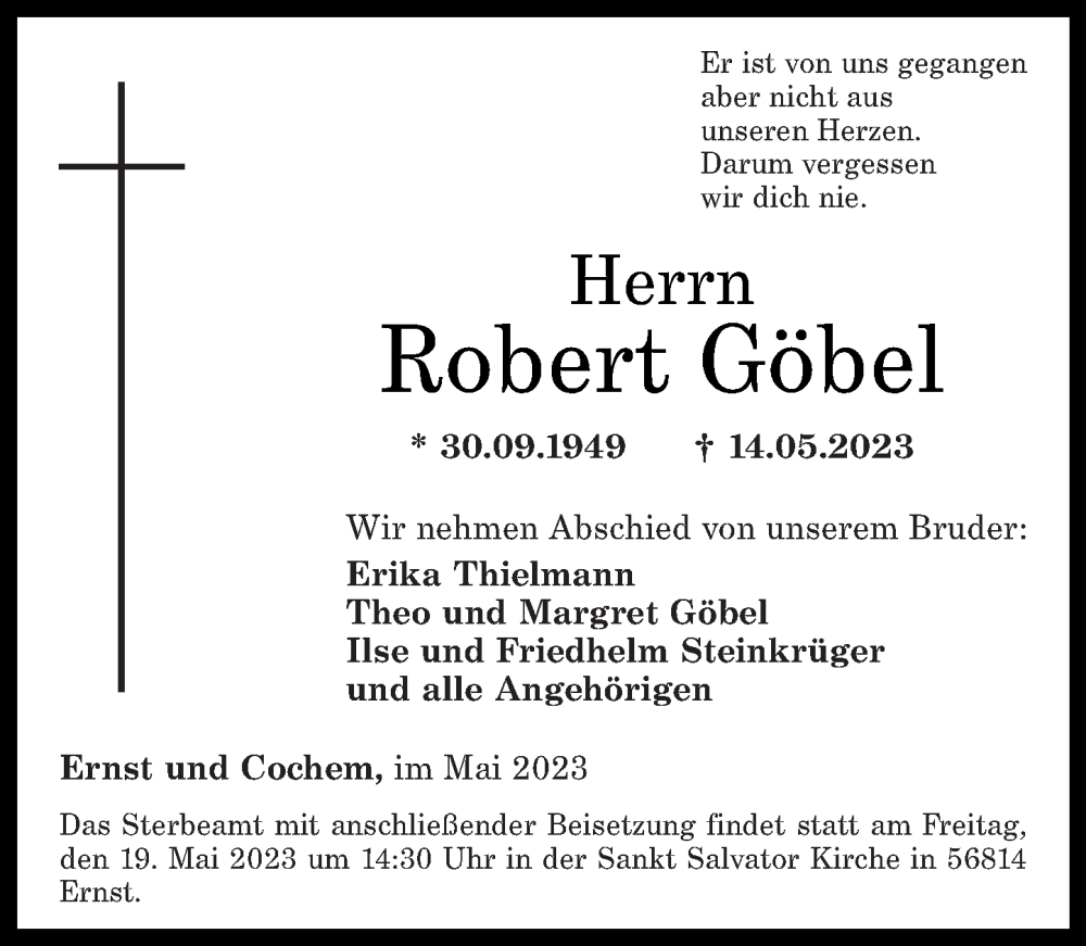 Traueranzeige für Robert Göbel vom 17.05.2023 aus Rhein-Zeitung