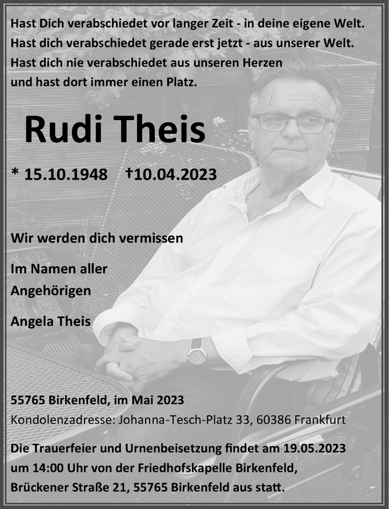  Traueranzeige für Rudi Theis vom 13.05.2023 aus Nahe-Zeitung