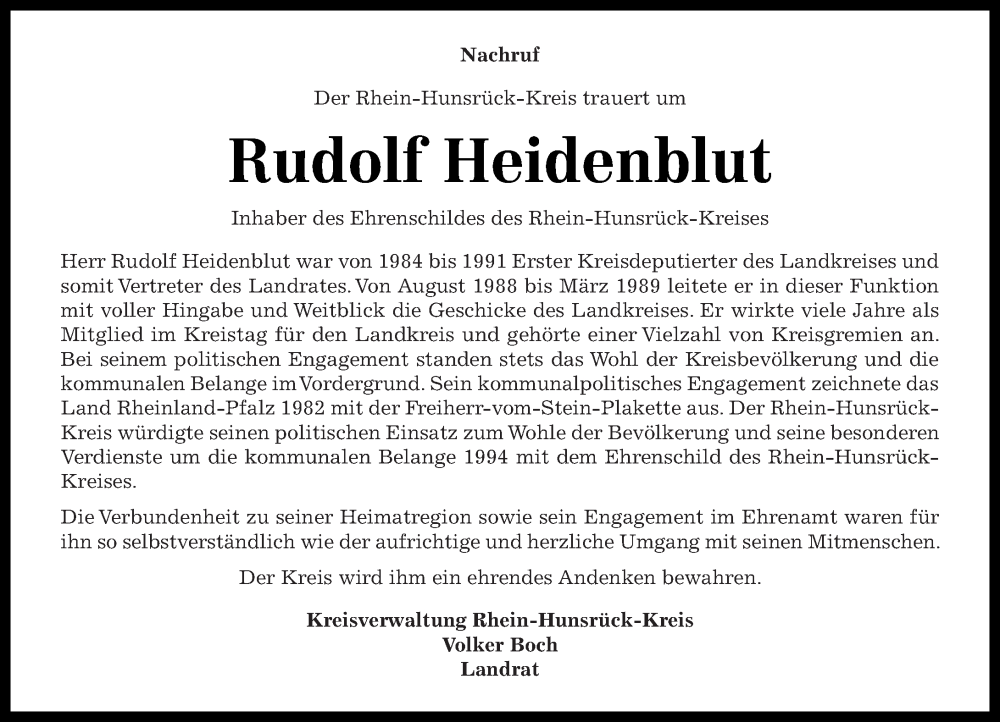  Traueranzeige für Rudolf Heidenblut vom 27.05.2023 aus Rhein-Hunsrück-Zeitung