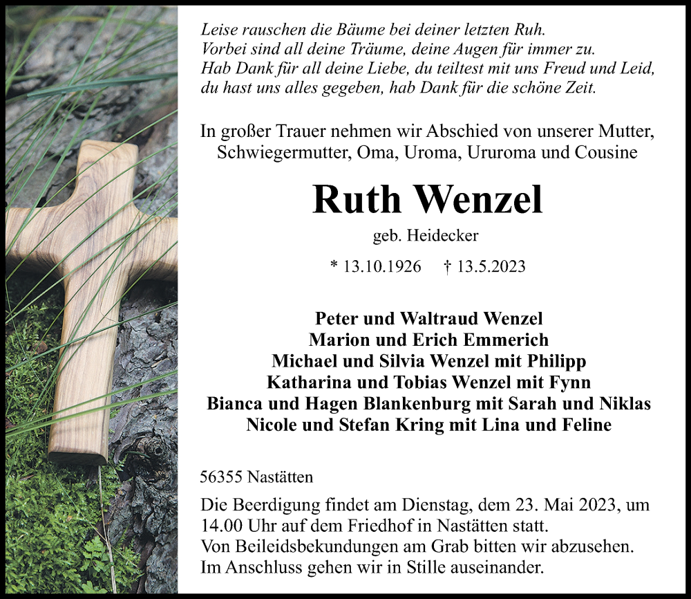  Traueranzeige für Ruth Wenzel vom 20.05.2023 aus Rhein-Lahn-Zeitung