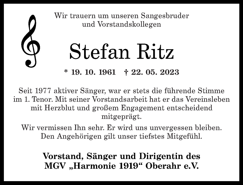  Traueranzeige für Stefan Ritz vom 24.05.2023 aus Westerwälder Zeitung
