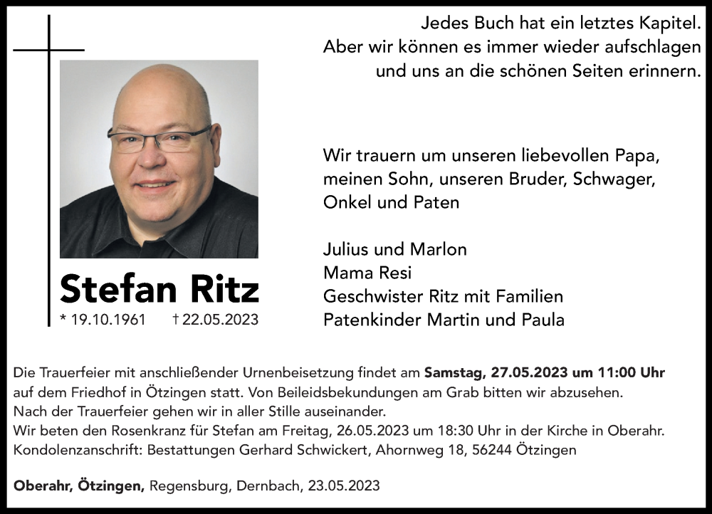  Traueranzeige für Stefan Ritz vom 24.05.2023 aus Westerwälder Zeitung