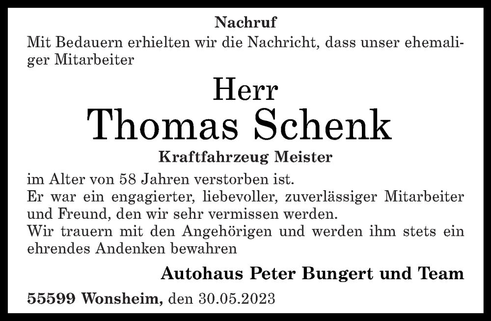 Traueranzeige für Thomas Schenk vom 01.06.2023 aus Oeffentlicher Anzeiger